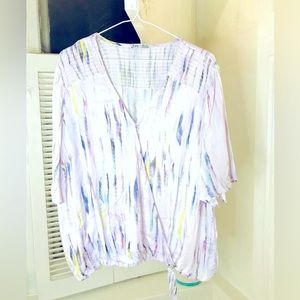 Dex Light Lavender Multi-Color Watercolor V-Neck Blouse
